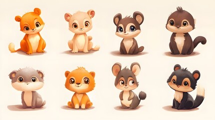 Obraz premium Eight Adorable Cartoon Animals Sitting on a White Background