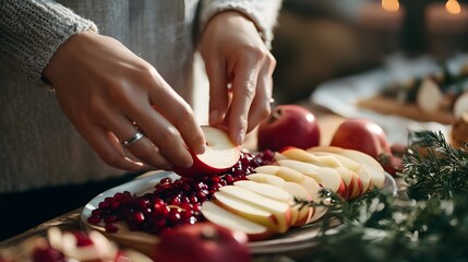 A close-up of a woman placing slices of apples and pomegranates on a plate.