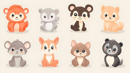 Eight Adorable Cartoon Animals Sitting on a White Background