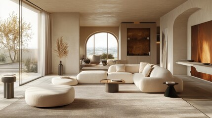 Fototapeta premium A minimalist lounge area with a neutral color palette, elegant furniture, and simple decor, reflecting the understated luxury of quiet living.