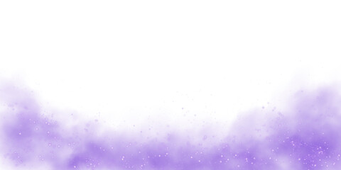 Fantastic purple smoke background. Magic purple smoke with glitter and small particles of twinkling stars. Fog with luminous particles. Purple vapor with stardust. Morning fog over land or water surfa