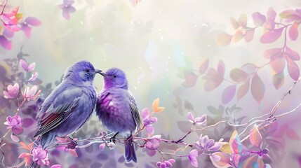 Wedding purple birds on a festive background with flowers wedding day concept