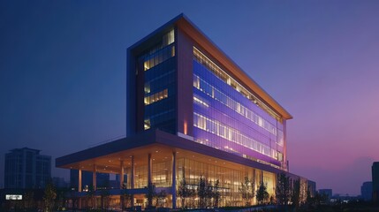 The dynamic exterior of a high-rise hospital, illuminated at night with a modern design, showcasing its prominence in the cityscape and commitment to healthcare