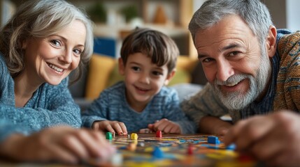 Fototapeta premium A multigenerational family playing board games around a living room table, capturing the warmth and togetherness of the moment.