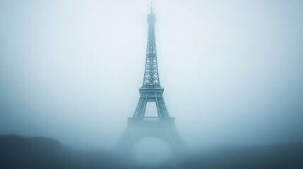 The Eiffel Tower shrouded in fog, creating a mysterious and ethereal atmosphere as the landmark partially disappears into the mist