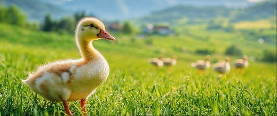 Obraz premium Duckling on green meadow, rural farm landscape background with copy space