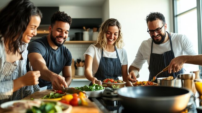 A multiracial group of friends cooking together in a home kitchen, capturing the joy of shared experiences and cultural exchange.
