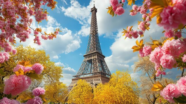 The Eiffel Tower surrounded by spring blossoms, with colorful flowers framing the landmark and adding a touch of natural beauty