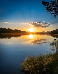 A serene scene with the sun setting over the calm waters of a lake