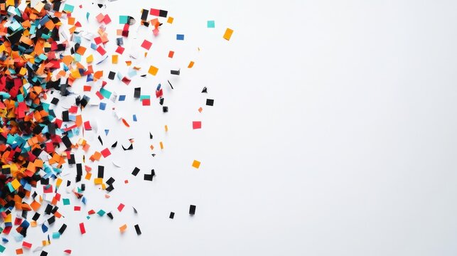 Minimal concept of Black Friday, A burst of confetti and Black Friday discount labels, fun and festive, digital art, isolated on white background, Copy space for text, no logo, no brand, no trademark