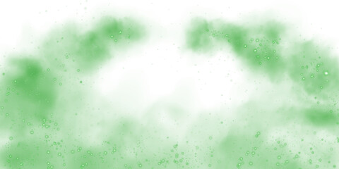 Fantastic green smoke background. Magic green smoke with glitter and small particles of twinkling stars. Fog with luminous particles. Green vapor with stardust. Morning fog over land or water surface,