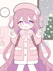 Cute Anime Girl in Pink Winter Outfit Making Peace Sign with Christmas Tree Background.