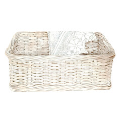 Obraz premium Wicker basket with napkin. Watercolor Clip Art on a white background. The illustration is hand drawn. Suitable for card designs, textiles and scrapbooking.