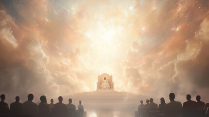 grand and awe-inspiring scene featuring the Judgment Seat of Christ set in a celestial realm. Christ is depicted seated on a majestic throne, surrounded by radiant light and heaven