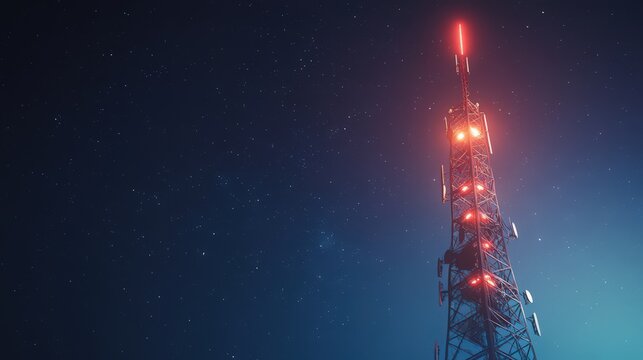 The elegant design of a modern communication tower, with its sleek lines and illuminated antennas piercing the night sky.