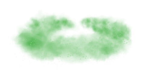 Fantastic green smoke background. Magic green smoke with glitter and small particles of twinkling stars. Fog with luminous particles. Green vapor with stardust. Morning fog over land or water surface,