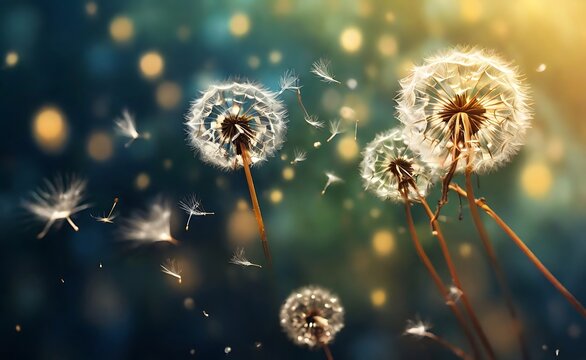 Abstract blurred nature background dandelion seeds parachute. Abstract nature bokeh pattern.