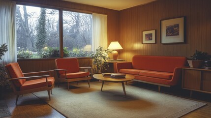 A retro film photograph of a cozy living room with mid-century modern furniture, warm lighting, and grainy textures, creating a nostalgic homey atmosphere.