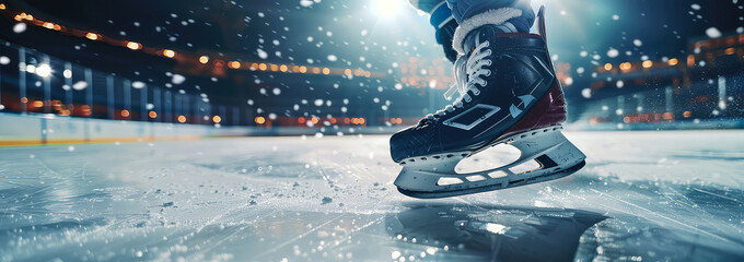 Close up of skates hockey player at the ice rink arena in motion. Hockey competition at ice stadium. Winter professional sport. Generative ai	
