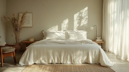 A serene bedroom with crisp white linens, a neutral palette, and minimal decor, capturing the essence of quiet luxury and minimalist style.