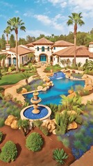Fototapeta premium Luxurious Mediterranean Villa with Swimming Pool and Fountain.