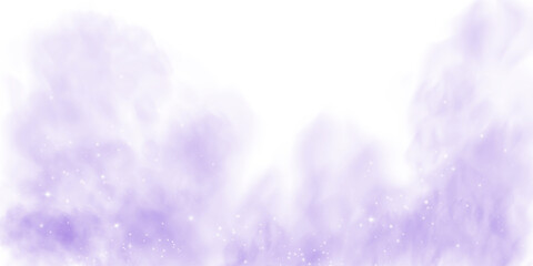 Fantastic purple smoke background. Magic purple smoke with glitter and small particles of twinkling stars. Fog with luminous particles. Purple vapor with stardust. Morning fog over land or water surfa