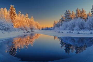 Snow-Covered Trees Reflected in a Frozen Lake at Sunset