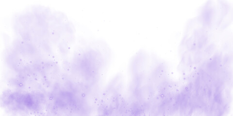 Fantastic purple smoke background. Magic purple smoke with glitter and small particles of twinkling stars. Fog with luminous particles. Purple vapor with stardust. Morning fog over land or water surfa