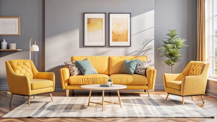 Fototapeta premium Vibrant yellow sofa and chair near teal wall with poster frame. Scandinavian interior design of modern living room. 