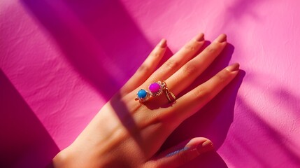 Obraz premium Woman hand jewellery presented on pink and purple background