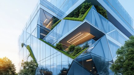The exterior of a glass-fronted office building with unique architectural features, such as a geometric design and integrated green spaces,