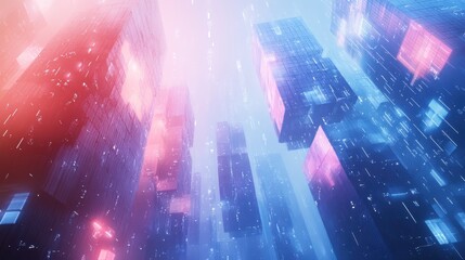 Fototapeta premium Futuristic digital cityscape glowing in blue and pink hues, with abstract data and lights. Concept: Smart cities and digital transformation.