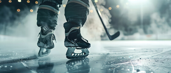 Close up of skates, stick of hockey player at the ice rink arena in motion. Hockey competition at ice stadium. Winter professional hockey tournament. Generative ai