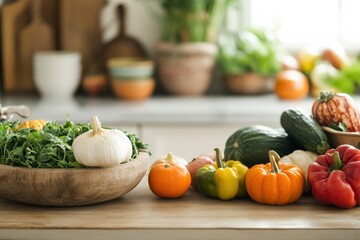 Rustic kitchen scene with various fall vegetables being prepped for a Thanksgiving meal, warm natural light from a window, Copy space for text, no logo, no brand, no trademark