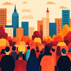 Obraz premium Thanksgiving parade with festive floats, people cheering, balloons of turkeys and pumpkins, vibrant city background, Copy space for text, no logo, no brand, no trademark