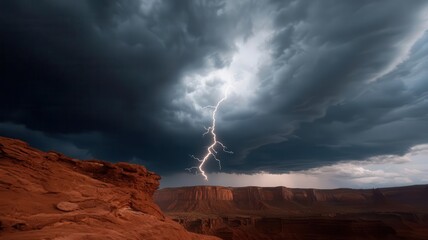 Rainstorm approaching a canyon landscape, with dark clouds, lightning strikes, and rain beginning to fall on the distant cliffs