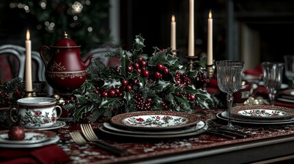 Naklejka premium Elegant Christmas Table Setting with Holly Candles and Teapot