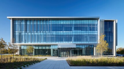 Obraz premium The exterior of a government office complex with a modern glass facade, prominent signage,
