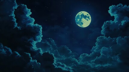 A full moon shining brightly over clouds in a starry night sky, symbolizing tranquility and wonder. Concept: Night, peace, and cosmic beauty.