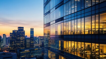 Fototapeta premium The exterior of a high-rise office building at dusk, with illuminated windows and a striking skyline backdrop creating a dramatic city scene