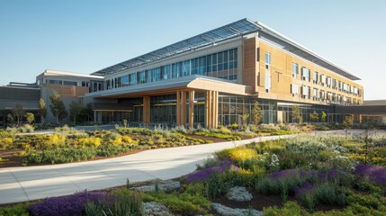 Obraz premium The exterior of a hospital with eco-friendly design elements, including solar panels, green roofs,