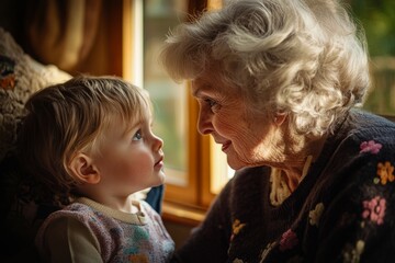 A heartwarming moment between a grandmother and her grandchild. They share a loving gaze in a cozy setting. This image captures family love and connection. Generative AI