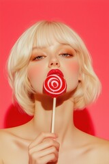 High-fashion portrait of a blonde woman holding a red swirl lollipop against a vibrant pink background with bold makeup