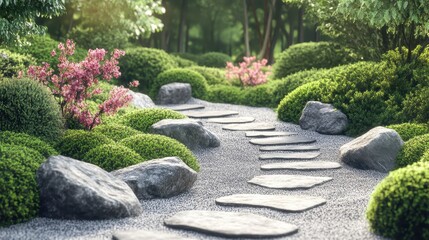 Naklejka premium Serene Japanese Garden Path with Stepping Stones and Lush Foliage