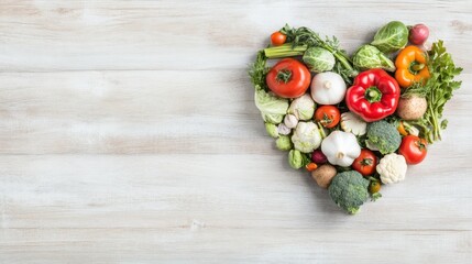 Fototapeta premium Heart-shaped arrangement of various colorful vegetables on a light wooden surface. Healthy eating, love for food, or organic lifestyle concept.