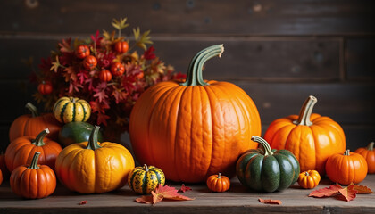 pumpkins and fall leaves on a wooden table with a wooden background