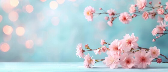 Delicate cherry blossoms, soft pink petals against a dreamy turquoise backdrop, illuminated by...