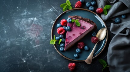 Fototapeta premium A slice of cheesecake with blueberry fruit in plate on table