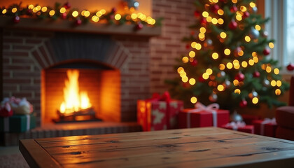 a christmas tree in a living room with a fireplace and a christmas tree in the background