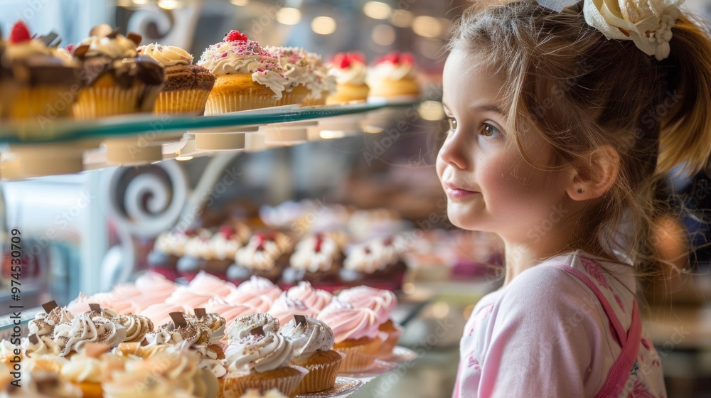 Wall mural a young girl is looking at a display of cupcakes in a bakery